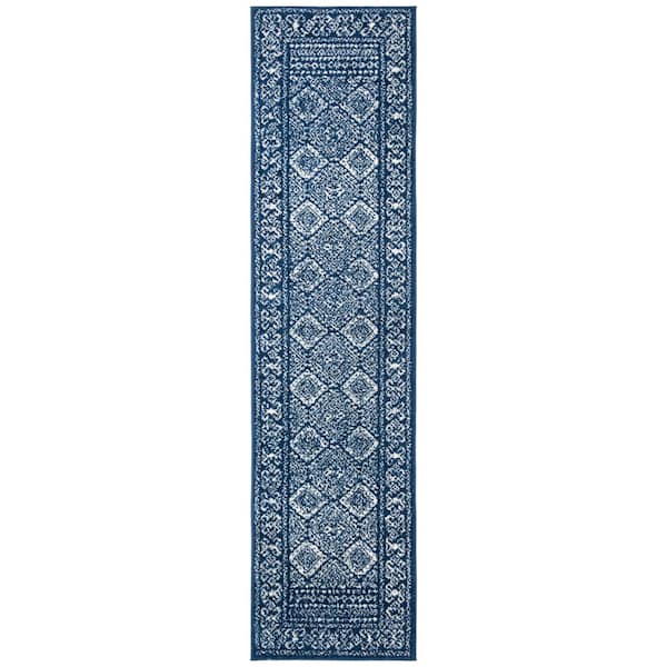 Tulum Navy/Ivory 2 ft. x 11 ft. Border Geometric Diamonds Runner Rug