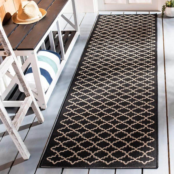 Courtyard Black/Beige 2 ft. x 10 ft. Geometric Indoor/Outdoor Patio  Runner Rug