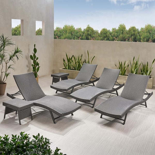 Noble House Kauai Gray 6-Piece Faux Rattan Outdoor Chaise Lounge and Table Set