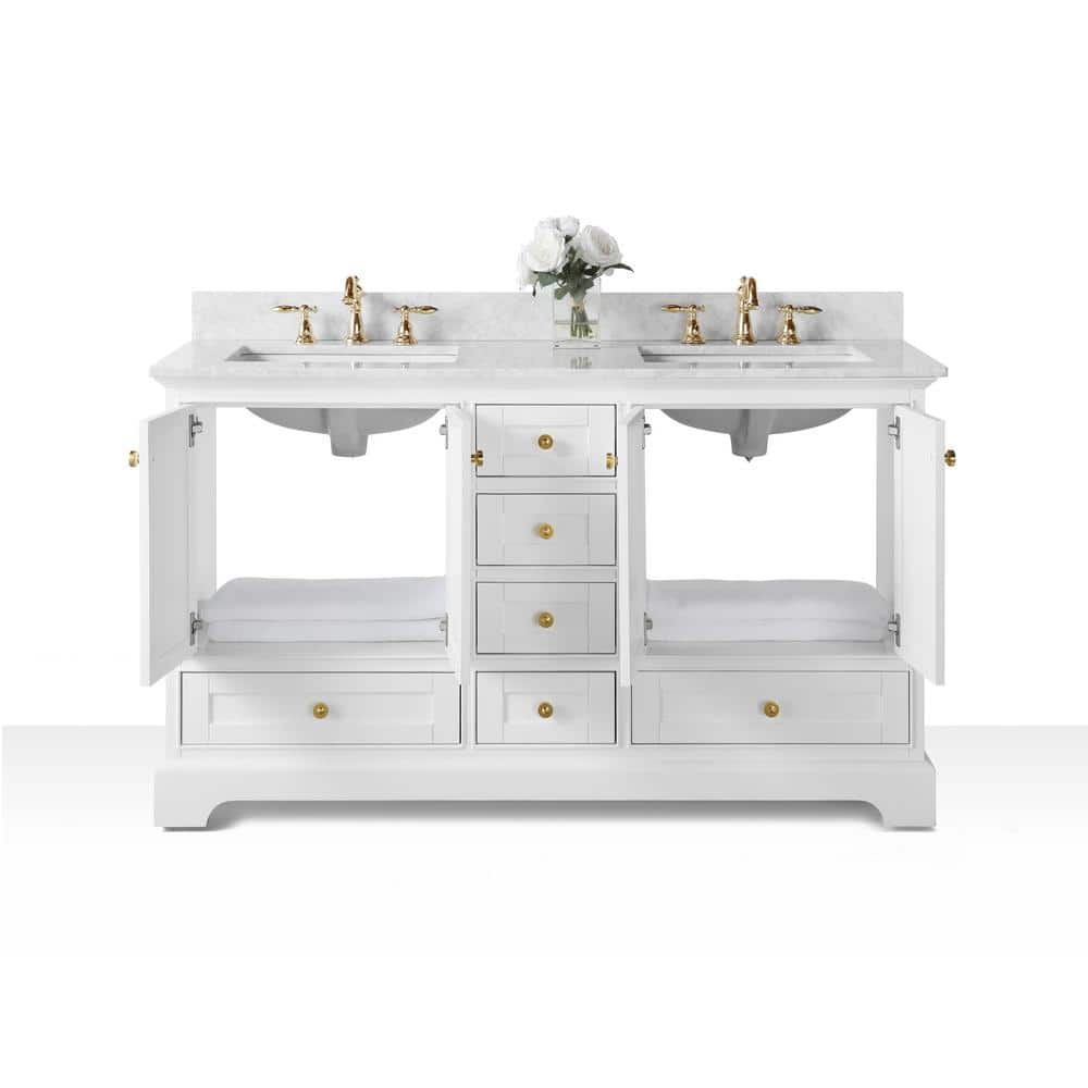 Audrey 60'' White Double Bathroom Vanity with Marble Top and Gold Hardware