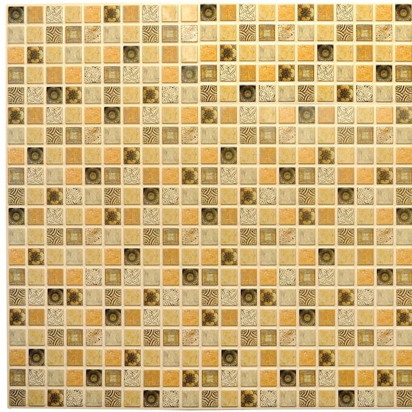 Dundee Deco 3D Falkirk Retro 10/1000 in. x 38 in. x 19 in. Yellow Dark Brown Faux Distressed Squares Mosaic PVC Wall Panel
