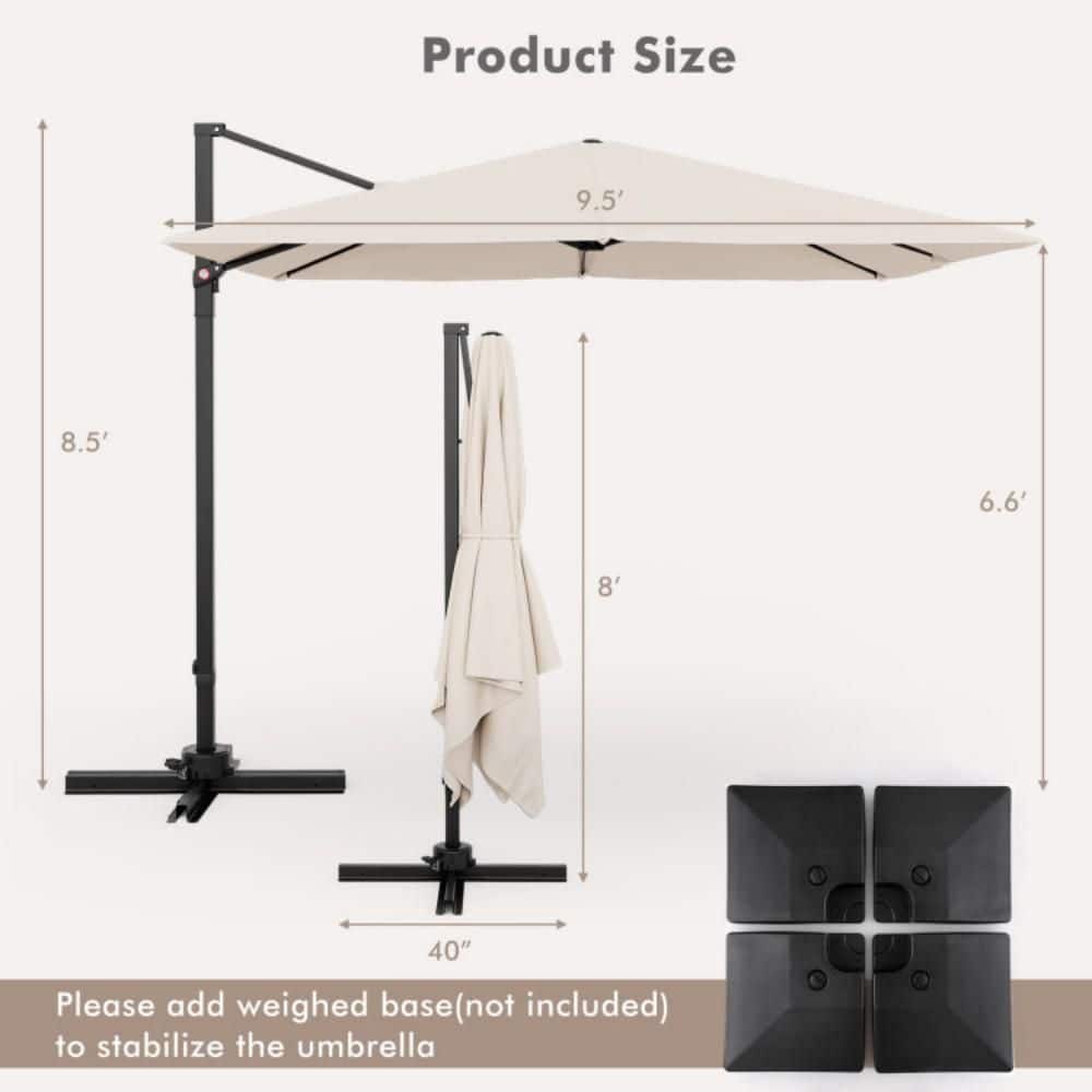 Beige 9.5ft Cantilever Patio Umbrella with 360° Rotation
