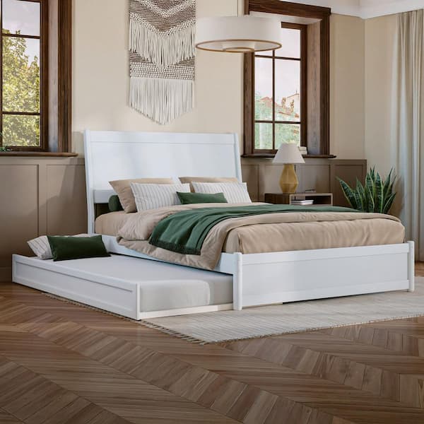 Casanova White Solid Wood Frame Full Platform Bed with Panel Footboard and Twin Trundle