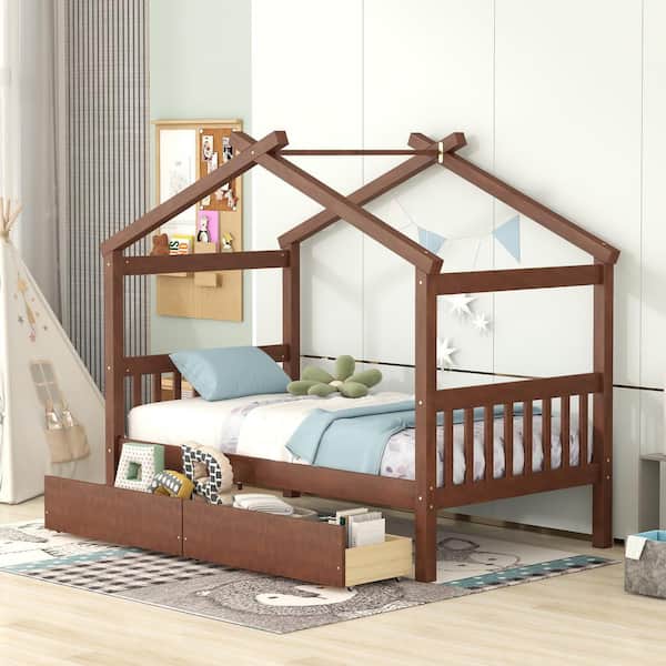 Harper Bright Designs Walnut Twin Size Wood House Bed Kids Bed with 2 Drawers QMY233AAL T