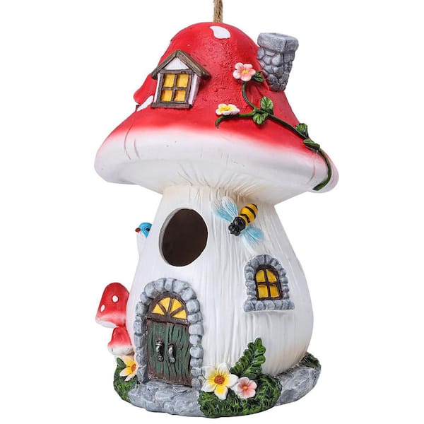 5.9 x 5.5 x 8.3 in. Resin Hanging Decorative Mushroom Birdhouses for Outdoor Hummingbird Bluebird Garden Decor