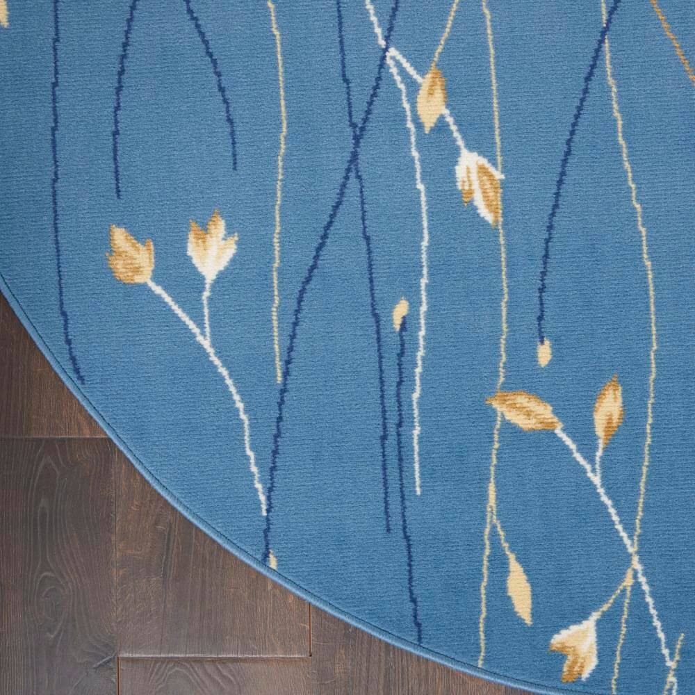 Light Blue Floral Round Synthetic Area Rug 5'3"