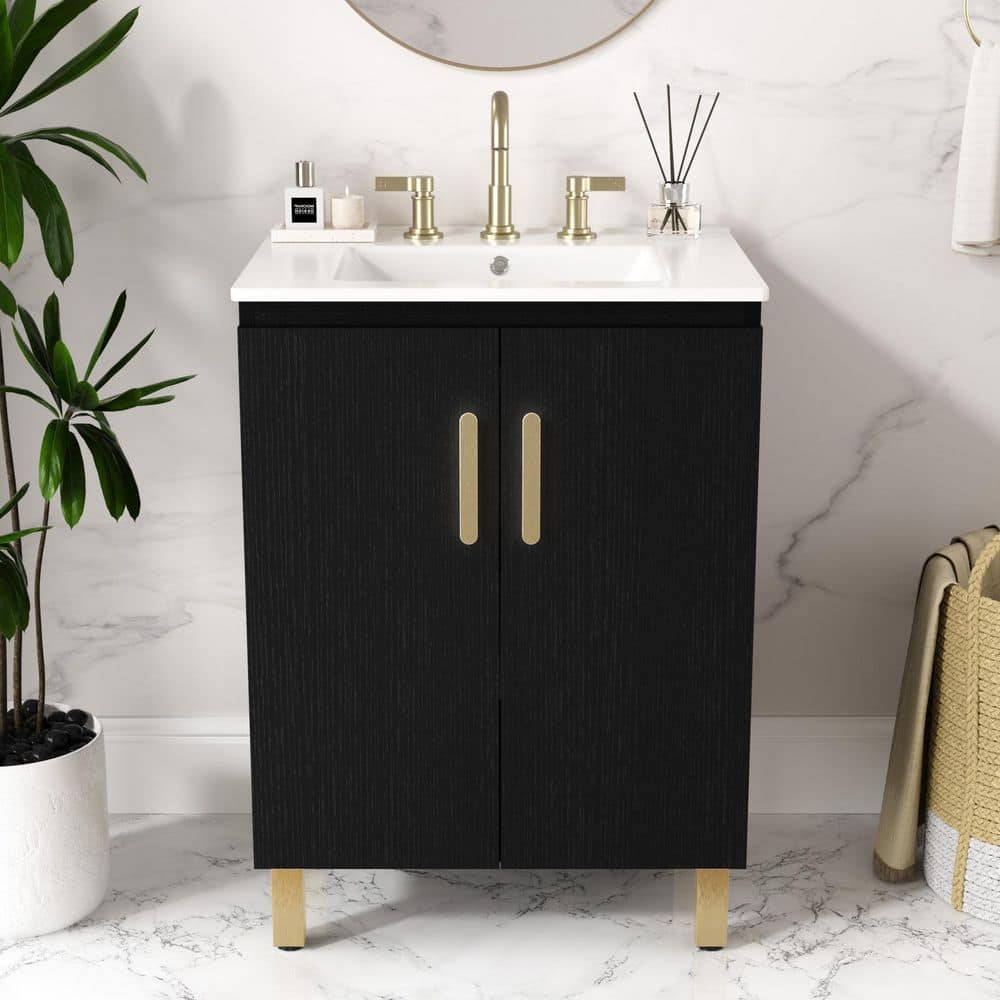 TETOTE 24 in. Bathroom Vanity in Black with Ceramics Top HD-XSTG