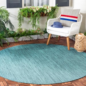 Beach House Turquoise 7 ft. x 7 ft. Round Striped Indoor/Outdoor Patio  Area Rug