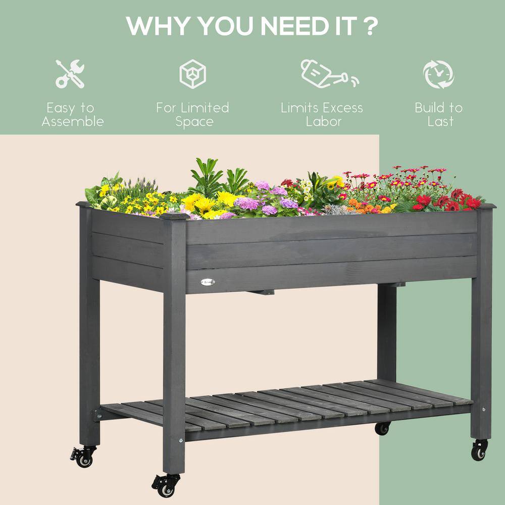 Dark Gray Wooden Elevated Garden Planter with Lockable Wheels