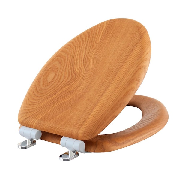 Elongated Wood with Soft Close Never Loosens Chromed Magnetic Hinge Toilet Seat in Natural Oak