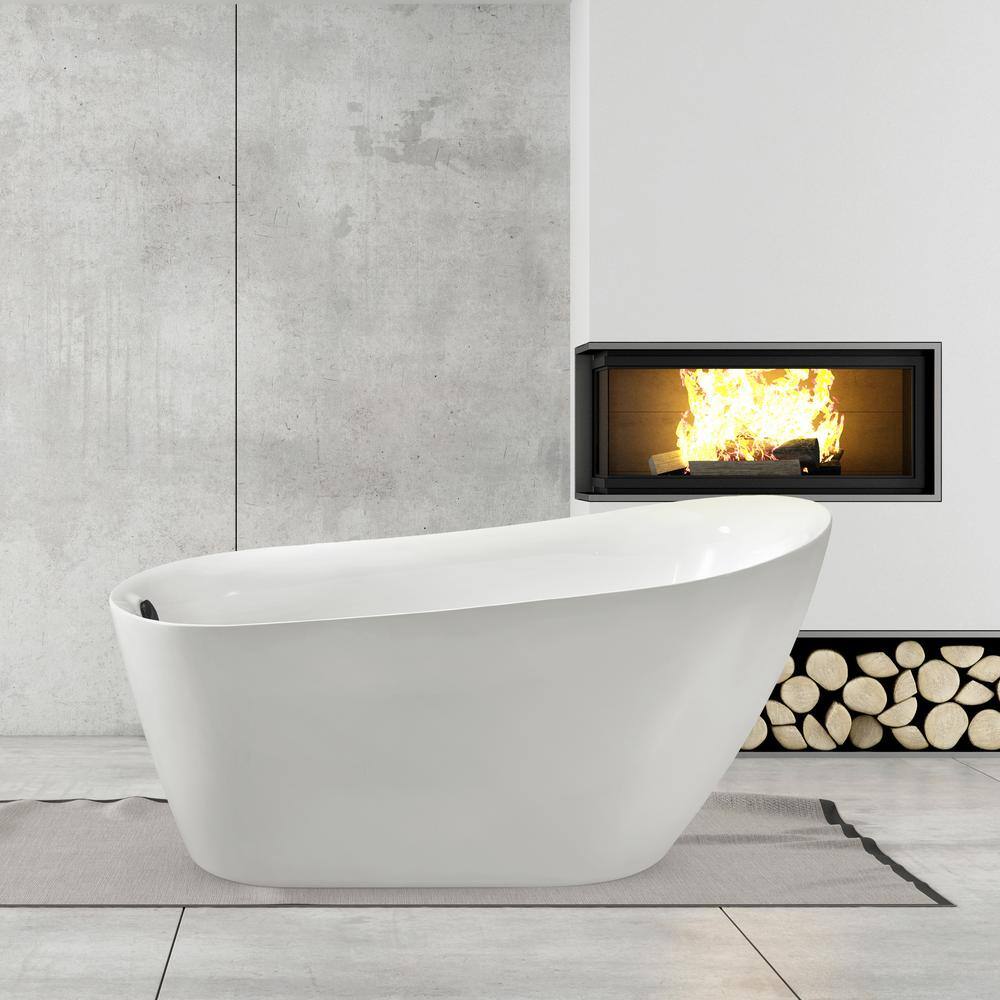 67" Glossy White Acrylic Freestanding Soaking Bathtub with Bamboo Tray
