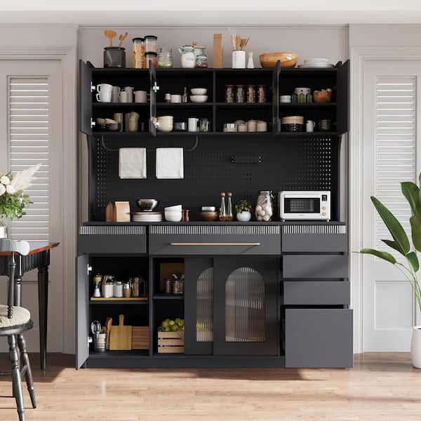 Black MDF 63.in. W Freestanding Buffet with Adjustable Shelves, Drawers, Cabinets