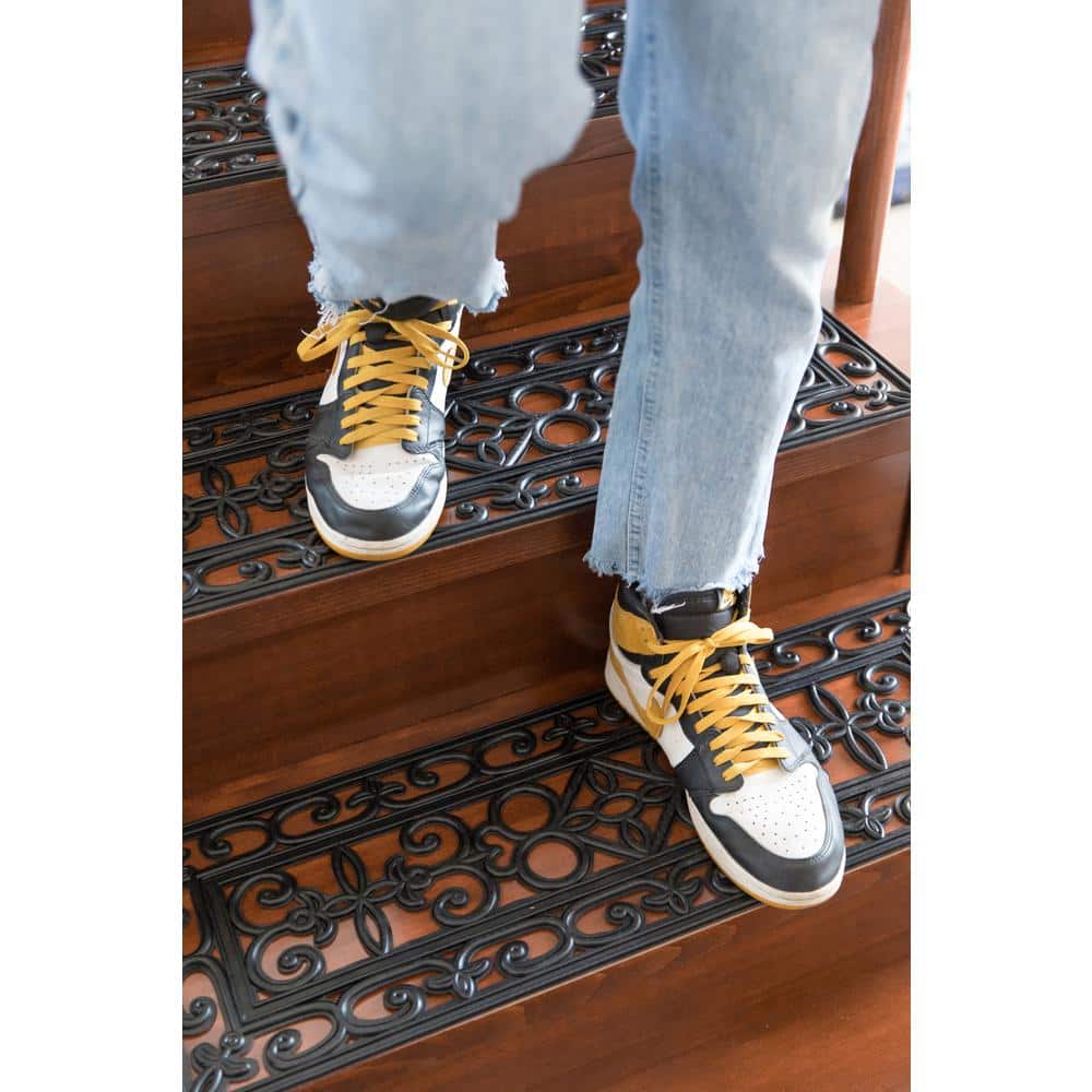 Black Scrollwork Rubber Anti-Slip Stair Tread Mats, Set of 4