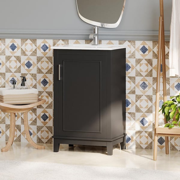 Magic Home 20 in. Modern Small Bathroom Vanity Cabinet with Ceramic Basin- 20 x 15.5 x 33.3 in., Ample Storage,1 Soft-Close Door