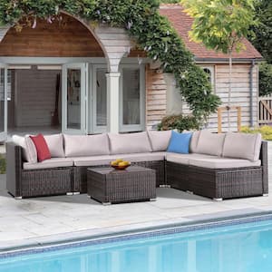 Brown 7-Piece Wicker Outdoor Patio Conversation Set Sectional Set with Light Grey Cushions, Storage Box, Table
