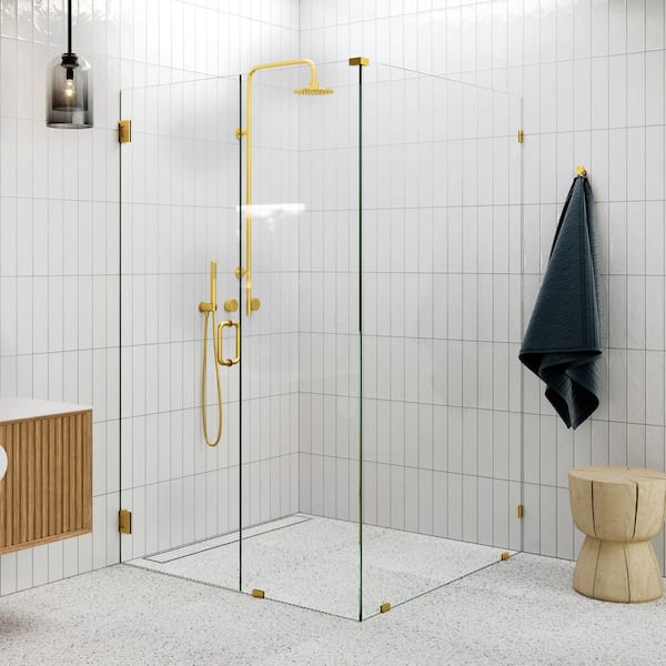 48 in. W x 47.5 in. D x 78 in. H Pivot Frameless Corner Shower Enclosure in Satin Brass Finish with Clear Glass