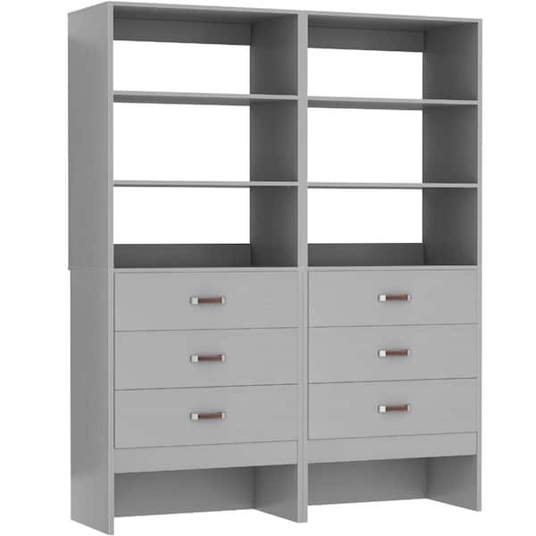 24 in. W - 48 in. W Grey Set of 2 Walk-In Tower 8-Shelf Wood Closet System with 6 Enclosed Drawers Leather Handles