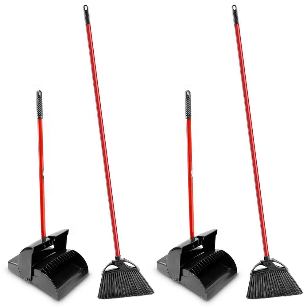 Libman 11in. High Power Indoor/Outdoor Angle Broom and Dustpan Set (Closed Lid Lobby Dustpan) with Steel Handle (4-Pack)