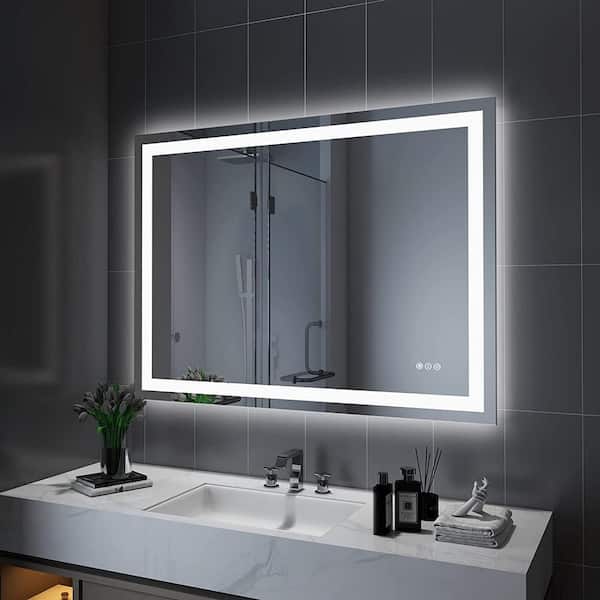 Unbranded Vanity Trident 48 in. W x 32 in. H Rectangular Frameless LED Wall Mount Bathroom Vanity Mirror with Touch Dimmer