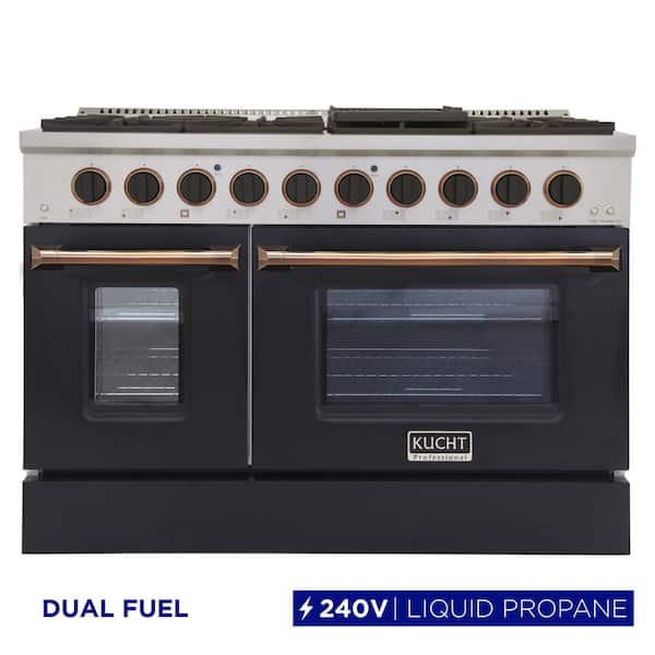 Kucht 48 in. 6.7 cu. ft. LP Ready Double Oven Dual Fuel Range with Gas Stove and Electric Oven in Black and Gold