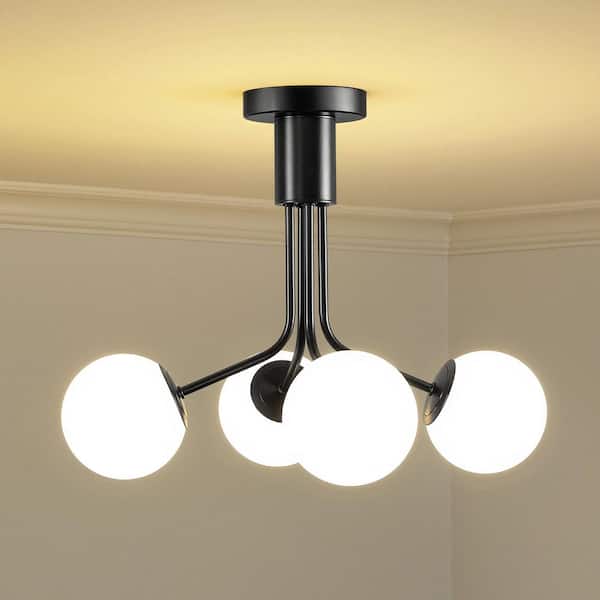 4-Lights Modern Mid-Century Ceiling Light Black Metal Sputnik Chandelier Dimmable With Glass Shade For Kitchen Island