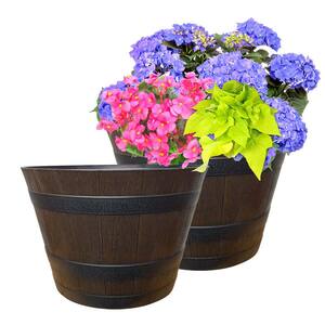 22.44 in. Dia x 14.96 in. H 42 Qt. Rustic Oak High-Density Resin Whiskey Barrel Outdoor Planter (2-Pack)