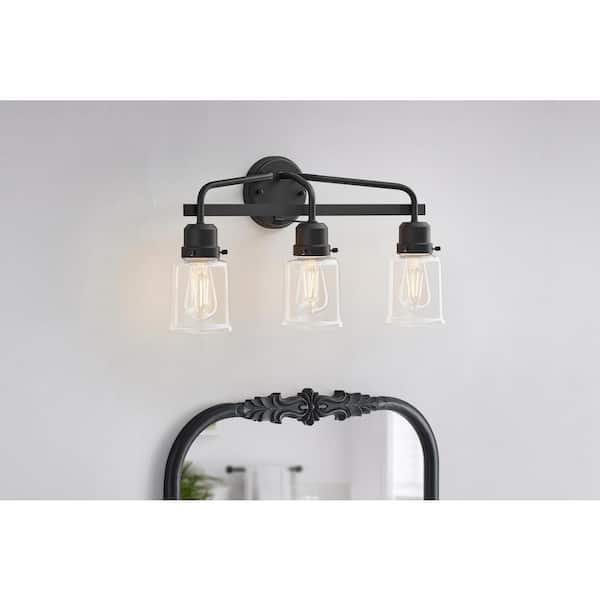 Hampton Bay Timphaven 22-1/8 in. W 3-Light Vanity Light Matte Black Clear Glass
