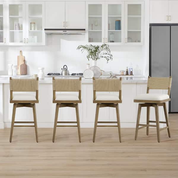 Vortali 27.2 in. Fabric Wood Frame Bar Stool with Natural Woven Back (Set of 2)