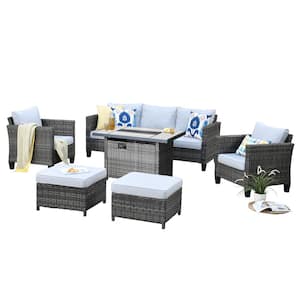 New Vultros Gray 6-Piece Wicker Patio Fire Pit Conversation Seating Set with Gray Cushions