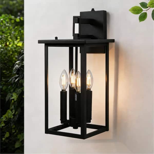 4-Light Matte Black Outdoor Glass Wall Light Fixture with Dusk to Dawn