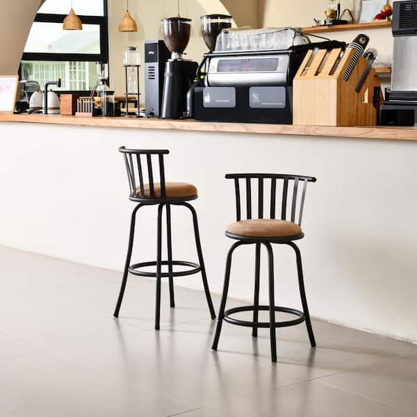 Homy Casa Farma 24/29 in. Adjustable Height Brown Cushioned Bar Stool w/ Slat Back, Swivel for Counter and Bar Height, (Set of 1)