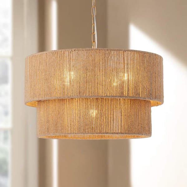 GoYeel 5-Light Yellow Bohemian 2-Tier Hand-Woven Rattan Drum Chandelier