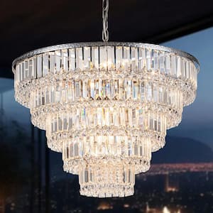 Ccrystal 24.8 in.Dia Contemporary 17-Light Chrome 5-Tiered Crystal Ring Chandelier or for Hotel and Living Room