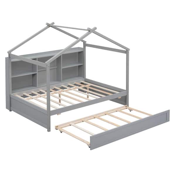 Harper & Bright Designs Gray Wood Frame Full Size House Platform Bed with Storage Shelves and Twin Size Trundle