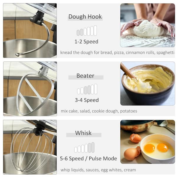 HOMCOM Stand Mixer with 6+1P Speed, 600W Tilt Head Kitchen Electric Mixer  with 6Qt Stainless Steel Mixing Bowl, Beater, Dough Hook and Splash Guard  for Baking Bread, Cakes, and Cookies, Silver