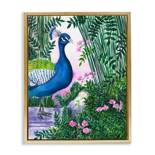 Peacock in Pink by Sarah Waldron Kimball 1 Piece Gold Floater Frame Animal Graphic Art Print 31 in. x 25 in.