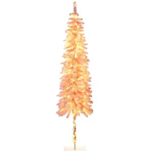 7 ft. Tall Pencil Prelit Artificial Christmas Tree with 703 Snow Flocked Branches, 250 Warm White LED Lights, Pink