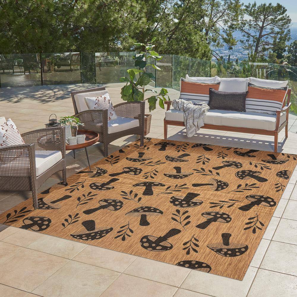 Whimsical Black and Chestnut Floral Polypropylene 8' x 10' Area Rug