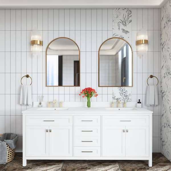 Unbranded 73 in. W x 22 in. D x 41 in. H Double Sink Freestanding Bath Vanity in White with White Marble Top