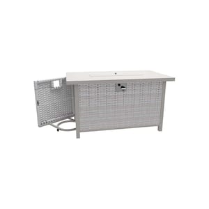 Light Gray 40.5 in. Rectangular Wicker Outdoor Fire Pit Table with Glass Wind Guard, Dust Cover