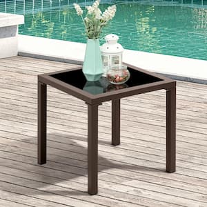 Brown Square Aluminum Outdoor Side Table with Tempered Glass