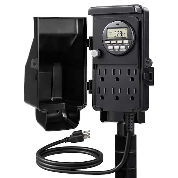 15A 1440 min. Waterproof Outdoor Digital Stake Power Strip Multi Socket Timer with SJTW 6 ft. Cord for Garden