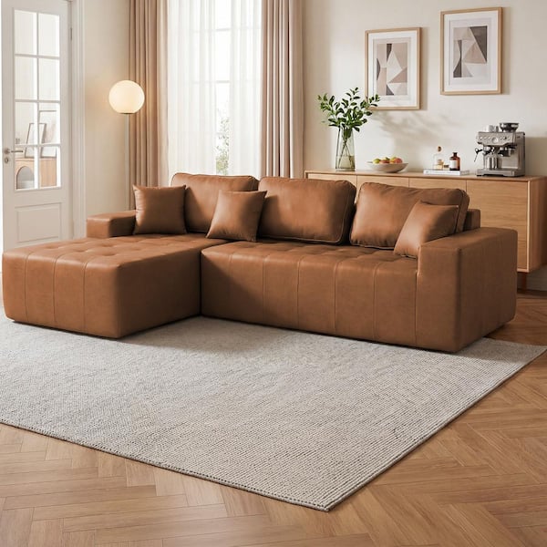 Modern 108.27 in. Square Arms Faux Leather Modular Sectional Sofa in Light Brown with Chaise,Deep Seat Compressed Couch