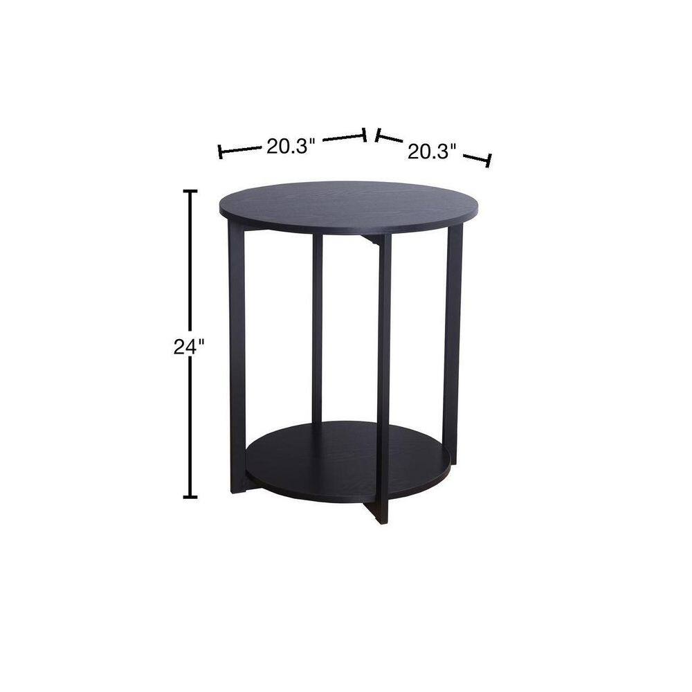 Black Oak and Steel Round End Table with Shelf