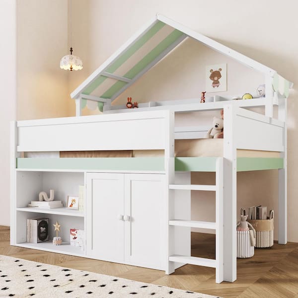 Dark White+Green Full Size Loft Bed with Canopy Roof, Storage Cabinet