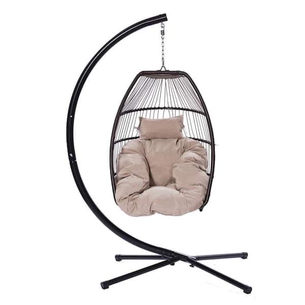 Willit 45 in. Outdoor Beige Wicker Folding Hanging Chair, Swing Hammock Egg Chair with C Type Bracket