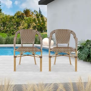 Wicker Bistro Chair French Hand-Woven Arm Chairs for Outdoor Patio Indoor Dining Chairs in Coffee (2-Pack)