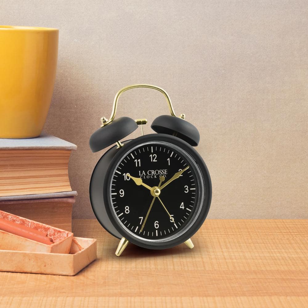 Black Twin Bell Quartz Analog Alarm Clock with Gold Accents