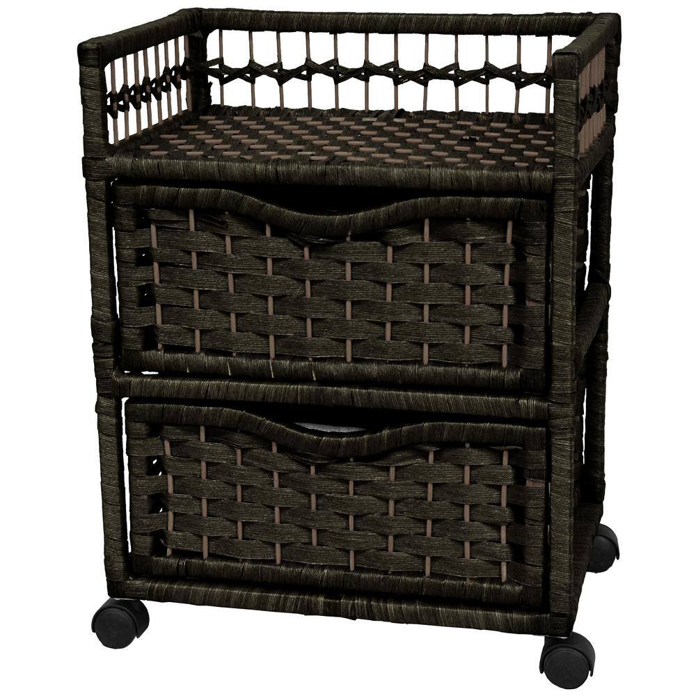 2-Drawer Black Wheeled Natural Fiber Storage Chest
