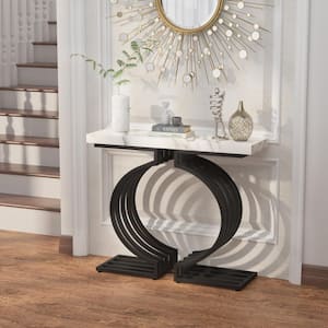 40 in. White Marble Rectangle Wood Console Table with Black Base